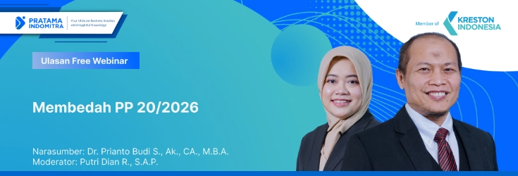 Promotional banner for a free webinar titled 'Membedah PP 20/2026' featuring two speakers (woman in hijab, man in suit) with blue gradient background and company logos on the left and right.