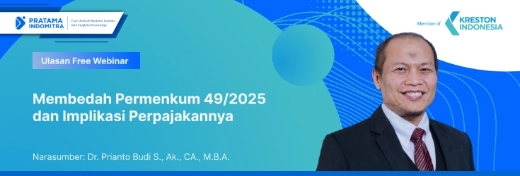 Banner for a free webinar on Permenkum 49/2025 and its tax implications, featuring speaker Dr. Prianto Budi S., Ak., CA., M.B.A., with blue gradient backdrop and logos in corners.