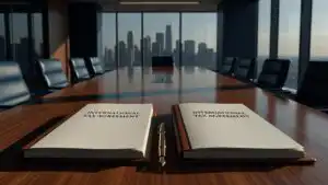 » Pratama Indomitra » Pratama Indomitra Two open notebooks titled 'International Tax Agreement' sit on a polished conference table with a gold pen between them, city skyline in the background.