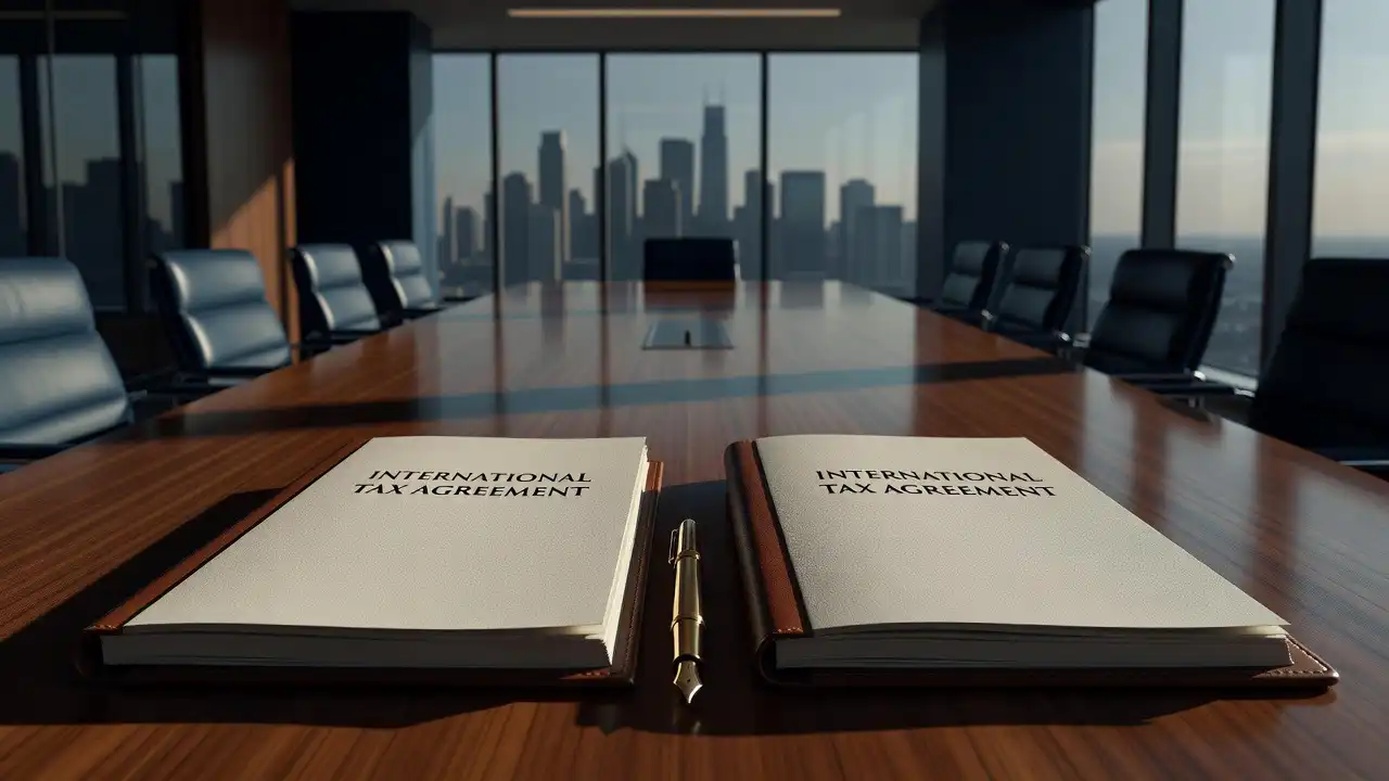 Two open notebooks titled 'International Tax Agreement' sit on a polished conference table with a gold pen between them, city skyline in the background.