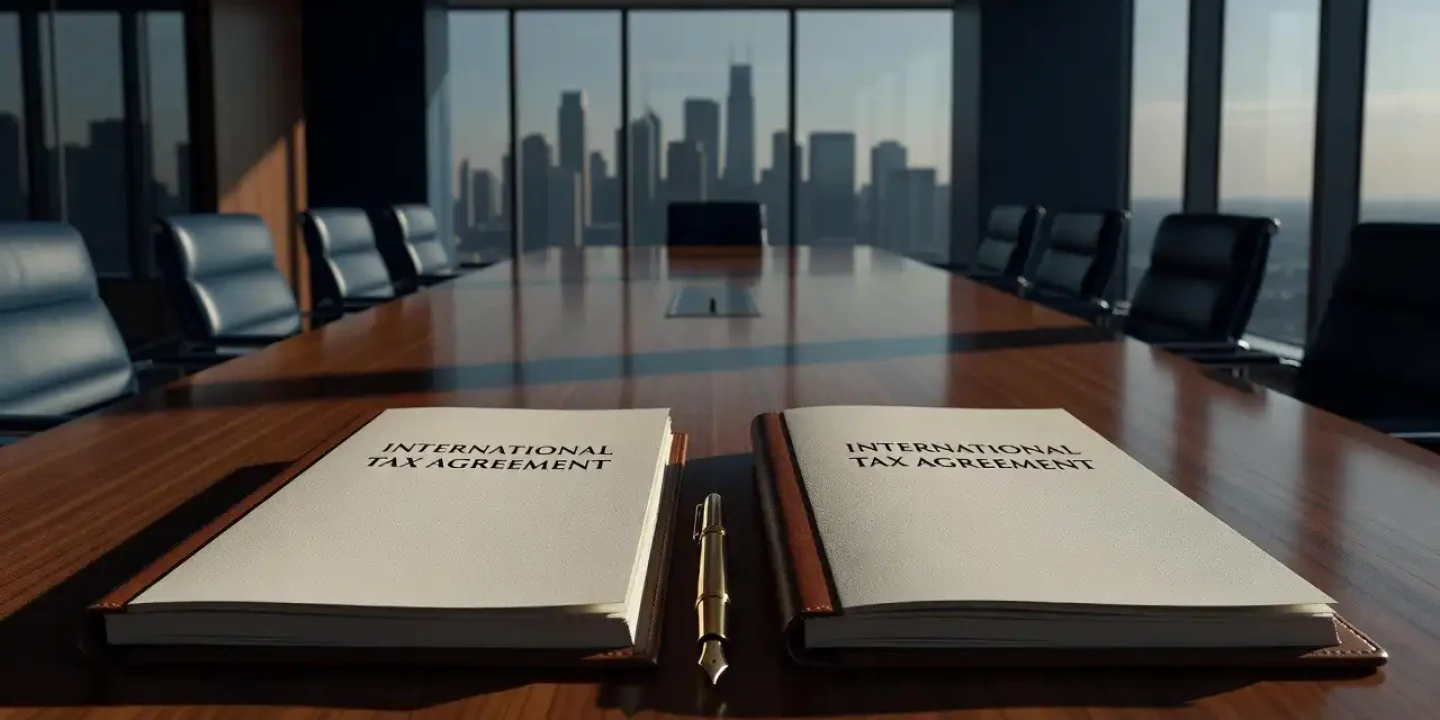 Two open notebooks titled 'International Tax Agreement' sit on a polished conference table with a gold pen between them, city skyline in the background.
